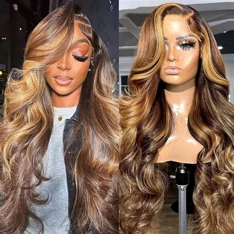Body Wave Ombre Blonde Highlight Lace Front Wigs Human Hair Pre Plucked 10A Brazilian Remy Hair