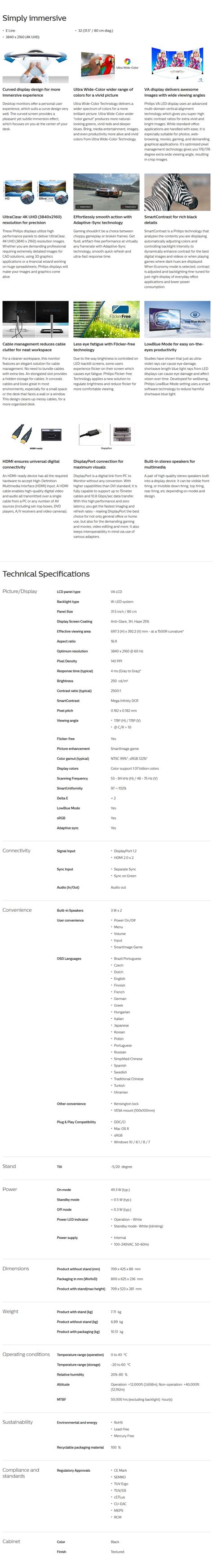 Philips E-Line 328E1CA 31.5" Ultra Wide-Colour Curved 4K UHD VA Monitor ...