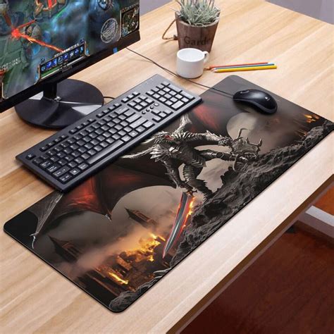 Mouse Pad Gigante Dragão de Armadura e Espada 70x30cm Ideal para Gamers