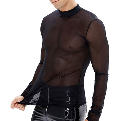 Men Long Sleeve See Through Mesh T Shirt Top Clubwear Muscle Sheer Tops