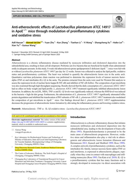 Pdf Anti Atherosclerotic Effects Of Lactobacillus Plantarum Atcc