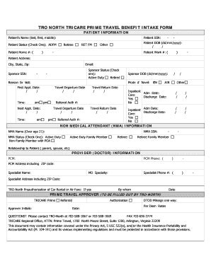 Fillable Online Tricare TRO NORTH TRICARE PRIME TRAVEL BENEFIT INTAKE