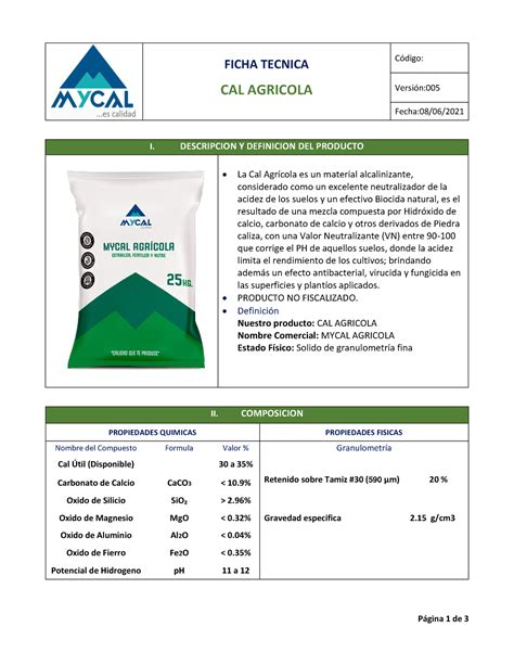 2022 FT Mycal Agricola Inversiones Página 1 de 3 FICHA TECNICA CAL