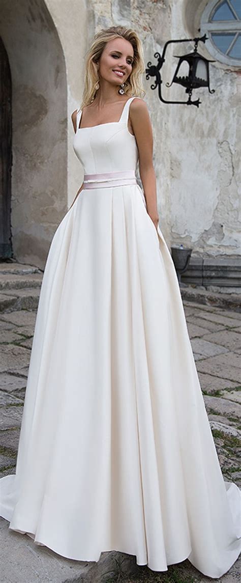 Delicate Satin Square Neckline Natural Waistline A Line Wedding Dress