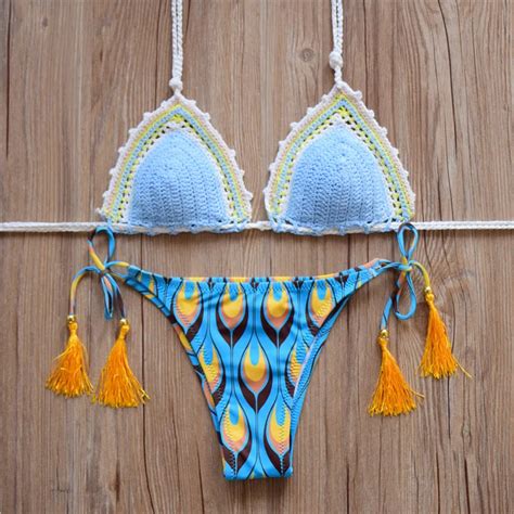 Swimwear Women 2017 Crochet Bikini Feathers Pattern Swimsuits With