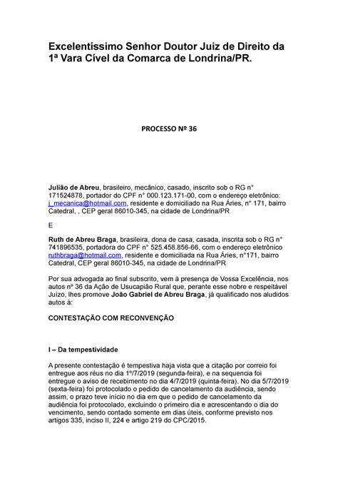 Contestação reconvenção Direito Civil Excelentíssimo Senhor