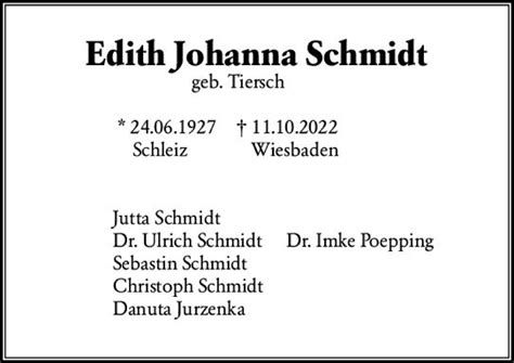 Traueranzeigen Von Edith Johanna Schmidt Vrm Trauer De