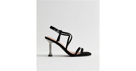 Black Suedette Embellished Heel Square Toe Strappy Sandals New Look
