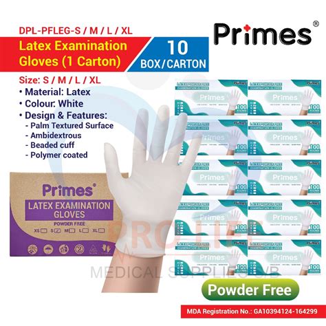 Primes Latex Examination Gloves Powder Free Boxes Carton Dpl