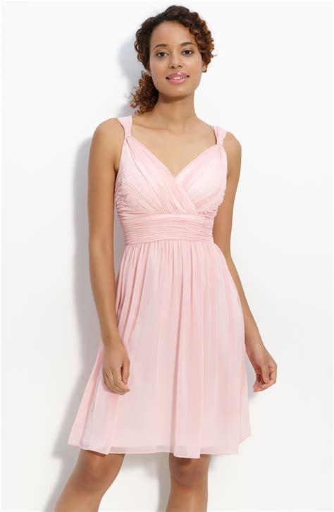 Pink Sheath Column V Neck Knee Length Zipper Ruched Chiffon Bridesmaid Dresses