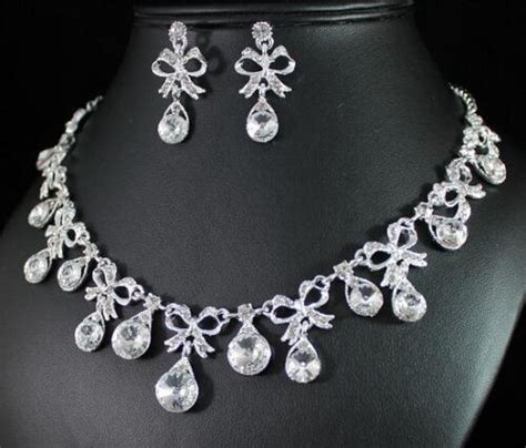 Bow Clear Austrian Rhinestone Crystal Necklace Earrings Set Bridal