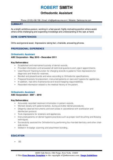 Orthodontic Assistant Resume Samples Qwikresume