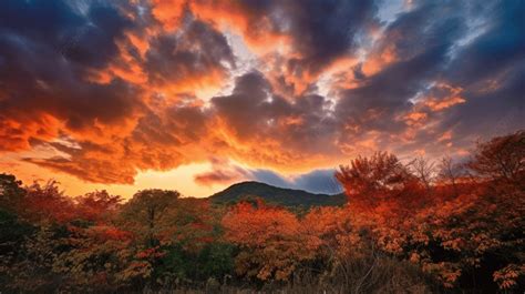 Colorful Sky Over A Mountain Showing Fall Trees Background Autumn Sky