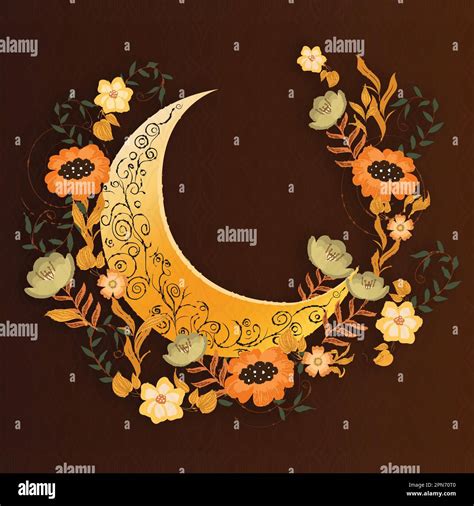 Vector Beautiful Floral Decorated Crescent Moon On Brown Islamic