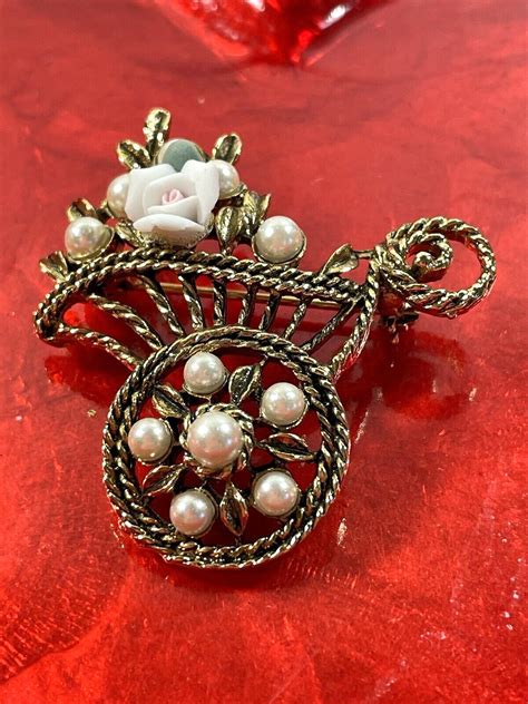 Vintage 1928 Pin Brooch Flower Cart Gold Tone Faux Pe Gem
