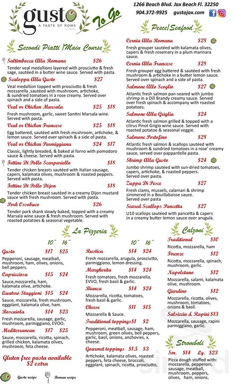 Gusto Italian Restaurant Menu In Jacksonville Beach Florida Usa