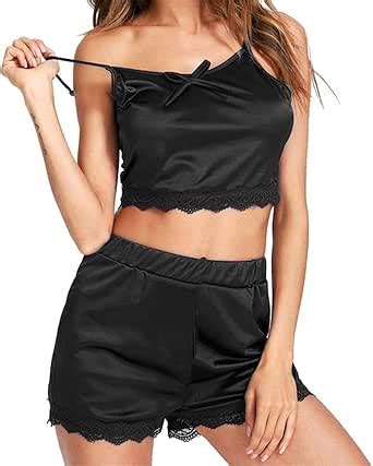 JFLYOU Women Loose Lingerie Nightwear Lace Plunging Teddy Trim Satin Top Pajama Set Black XXL