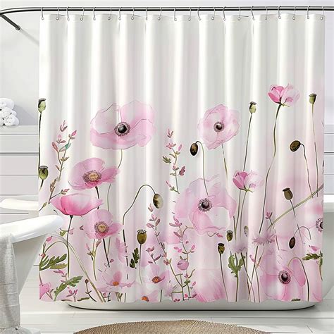 Watercolor Floral Shower Curtain With Pink Poppies And White Background