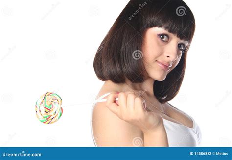 Brunette With Rainbow Lollipop Stock Photo Image Of Dark Eyes 14586882