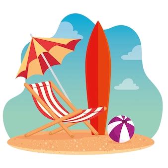 Premium Vector | Summer scenes, beach chair with umbrella, surfboard ...