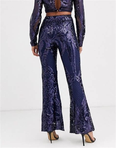 Club L London Sequin Baroque Wide Leg Trouser In Navy ASOS Order Now