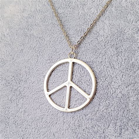 Big Silver Peace Necklace Large Peace Sign Pendant Statement Etsy Uk