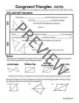 Congruent Triangles Sss Sas Aas Asa Hl Notes Lesson By Julia