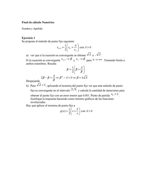 Final resuelto Final de cálculo Numérico Nombre y Apellido Ejercicio