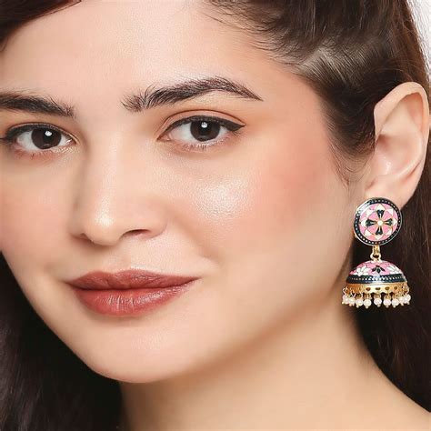 Buy Oomph Pink Meenakari Enamel Floral Large Jhumka Earrings Online