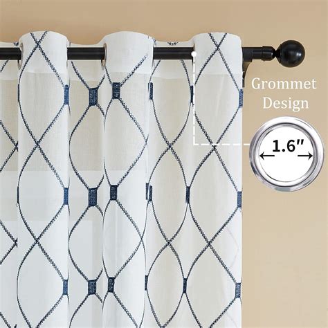 Topfinel White Sheer Curtains Geometric Navy Embroidered Diamond