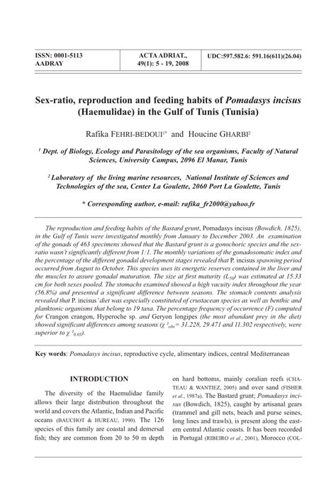 PDF Sex Ratio Reproduction And Feeding Habits Of Pomadasys Incisus Haemulidae In The Gulf