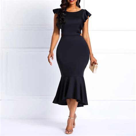 Women Midi Dresses Elegant Sexy Black Mermaid High Waist Plain Falbala