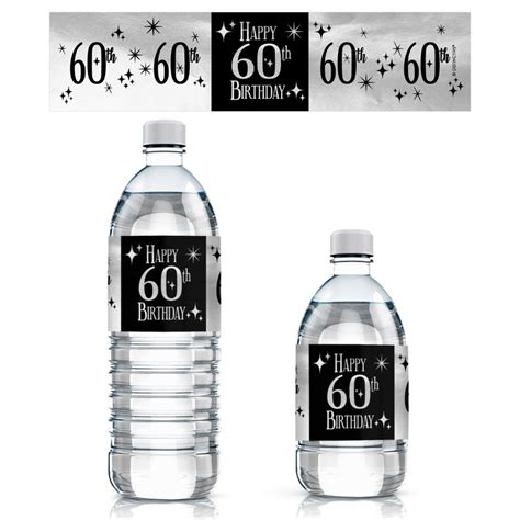 60th Birthday Water Bottle Labels Black And Silver 60th Etsy