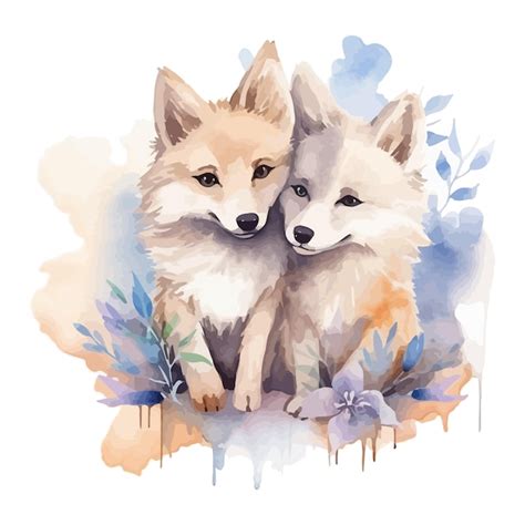 Desenho Bonito De Dois Lobos Estilo De Pintura Aquarela Vetor Premium