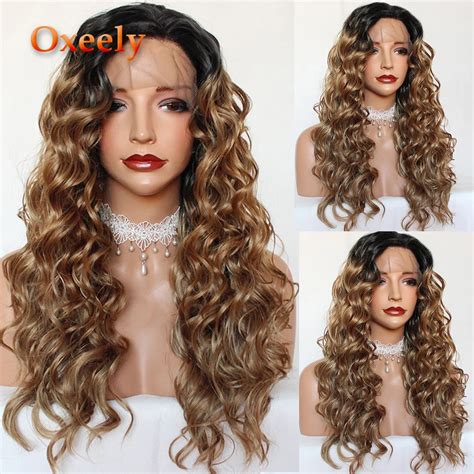 Oxeely Natural Brown Loose Wavy Hair Synthetic Lace Front Wig Ombre