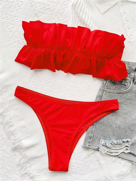Trendy Bandeau Ruffle Solid Bikini Set Bathing Suit Td Mercado