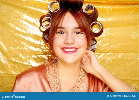 Beautiful Girl In Hair Curlers Isolated On Gold Stock Photo Image Of