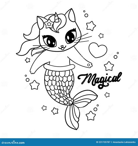 Gato Lindo Sirena Unicornio Dibujo De Contorno En Blanco Y Negro Vector Ilustración Del Vector