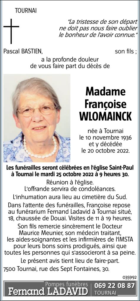 Françoise WLOMAINCK 20 10 2022 Avis nécrologique lavenir net