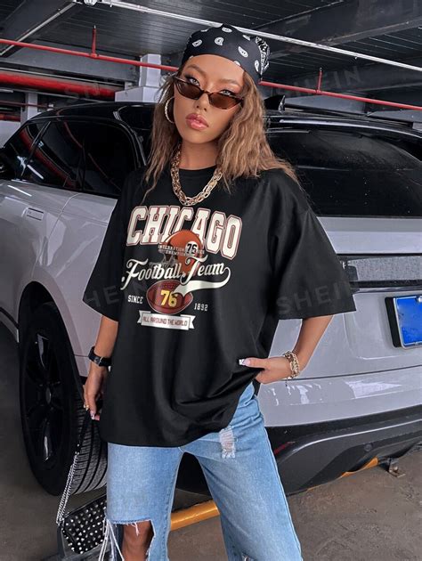 SHEIN Coolane Camiseta Oversized Decote Caído Gráfico Rugby e