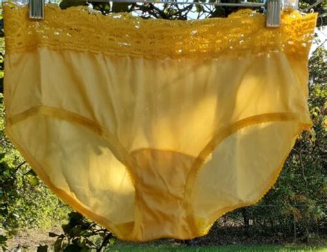 Shadowline Bikini Sissy Panty Slippery Nylon LACE Trim L Hello YELLOW EBay