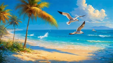 Premium Photo Tropical Beach Painting With Seagulls Flying