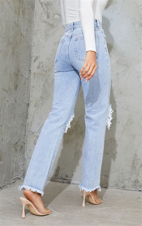 Bleach Wash High Rise Ripped Straight Leg Jeans Prettylittlething Usa
