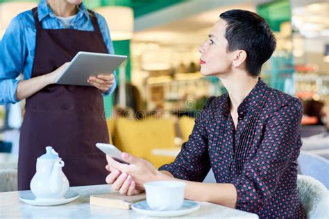 Elegant Woman Ordering Food In Cafe Stock Photo Image Of View Break