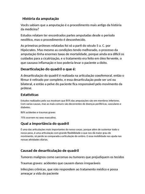 História Da Amputação Pdf Prótese Neoplasmas