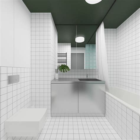 A White Tiled Bathroom With A Sink And Bathtub Next To A Plant In The