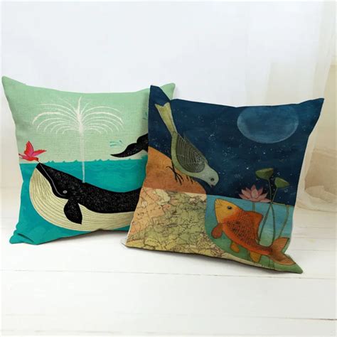 45x45cm Decorative Throw Pillows Case For Sofa Water Whale Cotton Linen Cushion Cover For Sofa