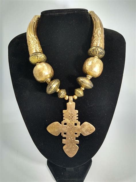 Ethiopian Large Brass Orthodox Coptic Cross Necklace Gem