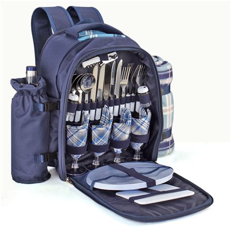 Travel Picnic Backpack For With Blanket Blue Wine Picnic Basket Bag