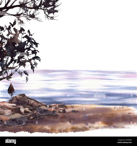 Watercolor Landscape Seascape With Ocean Trees Sea Buoy And Sandy